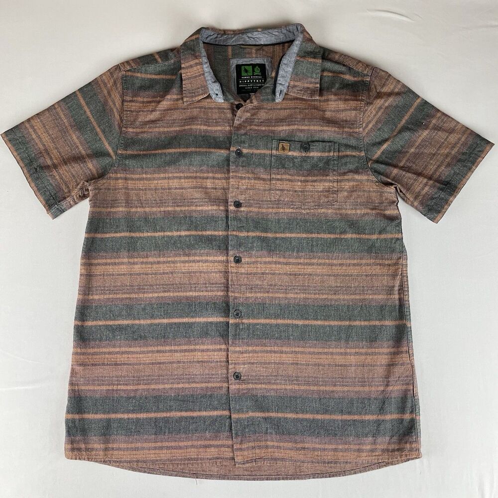 Nomad Division Hippytree Mens SS Striped Button Up Shirt Large 100% Cotton Brown
